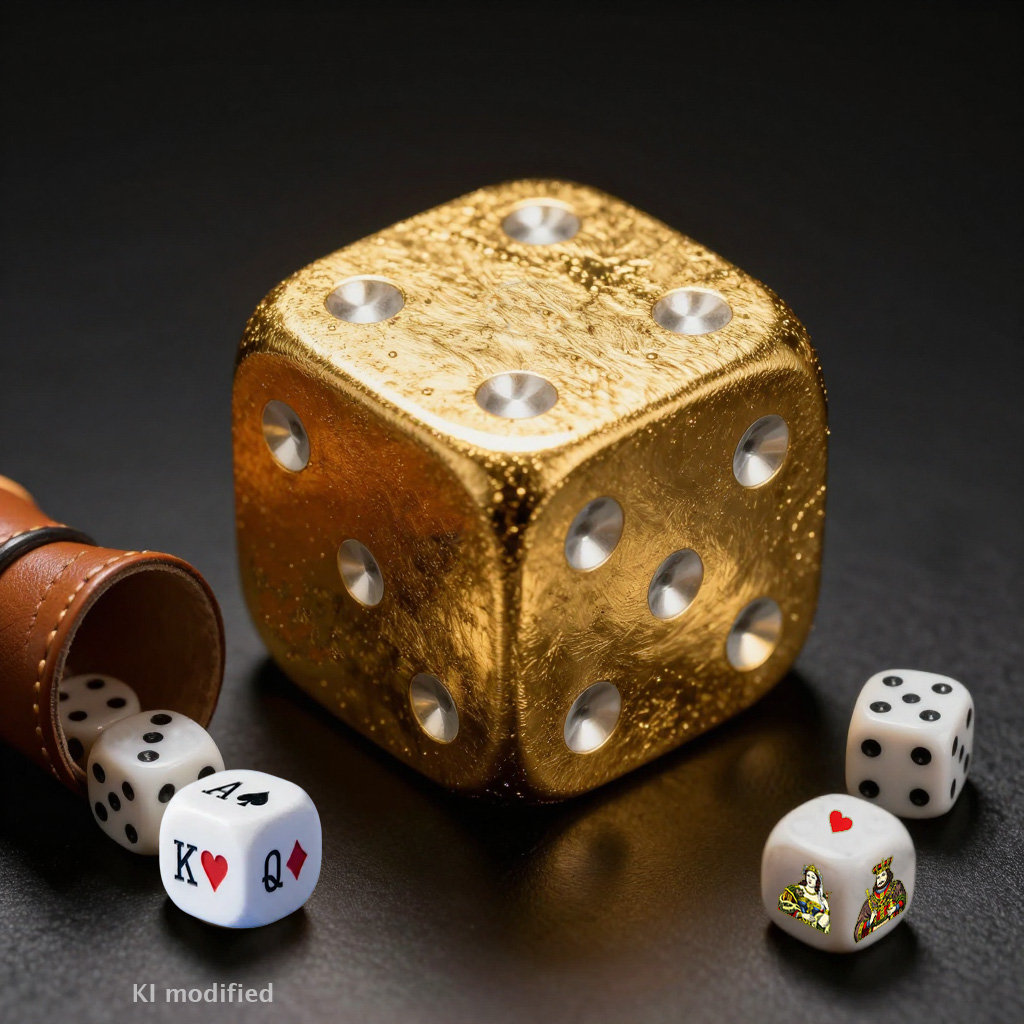 Goldener Würfel mit Poker-Würfeln